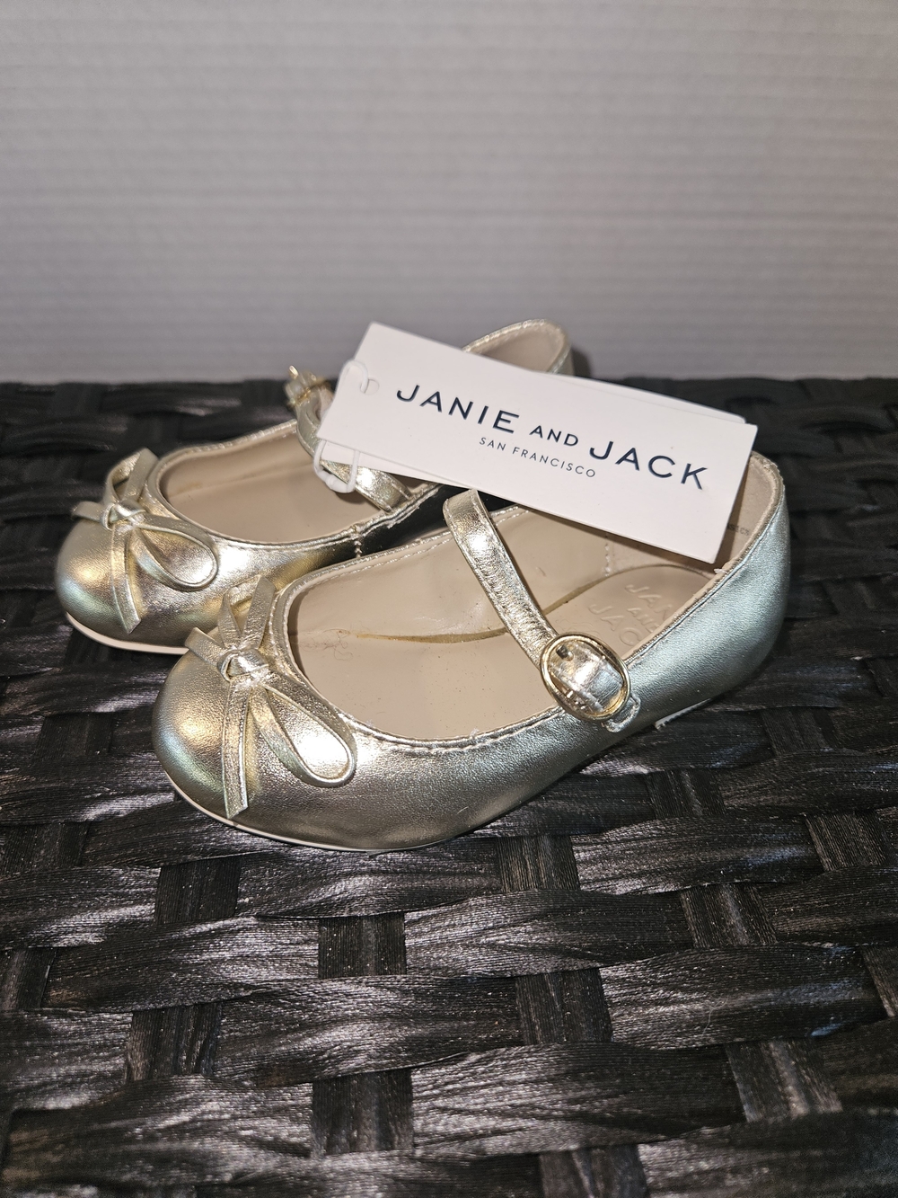 Janie and Jack Girls Metallic Gold Mary Jane Shoes with Bow Accent